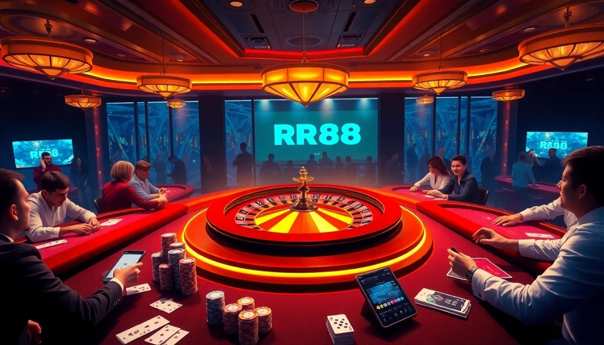 In an electrifying casino atmosphere, players immerse themselves in RR88 gaming, showcased through vibrant roulette and poker scenes.