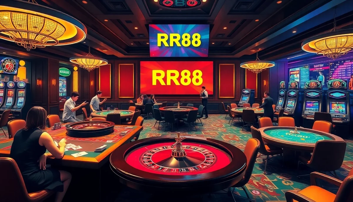 Players enjoying thrilling casino games at RR88's luxurious setting with poker and roulette tables.