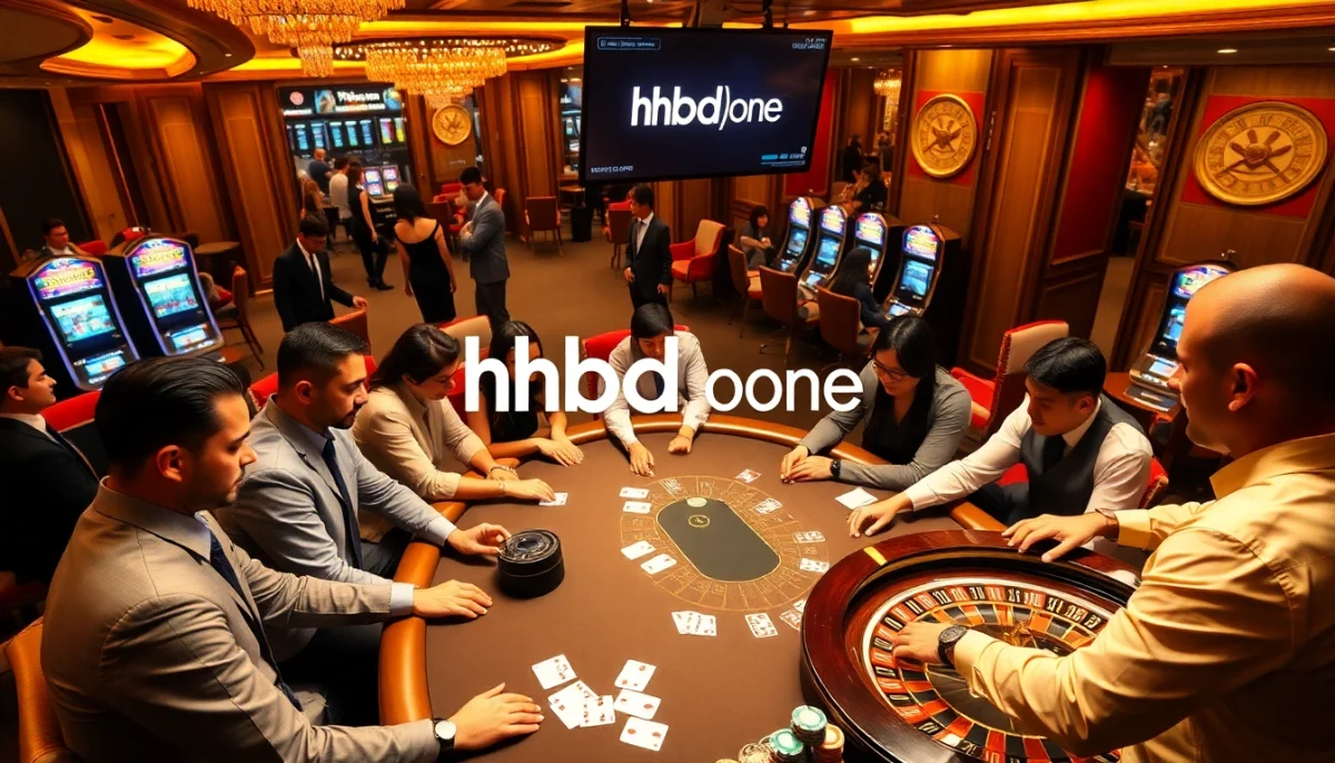 Players enjoying a thrilling game at hhbd one casino, showcasing vibrant poker chips and a roulette wheel.