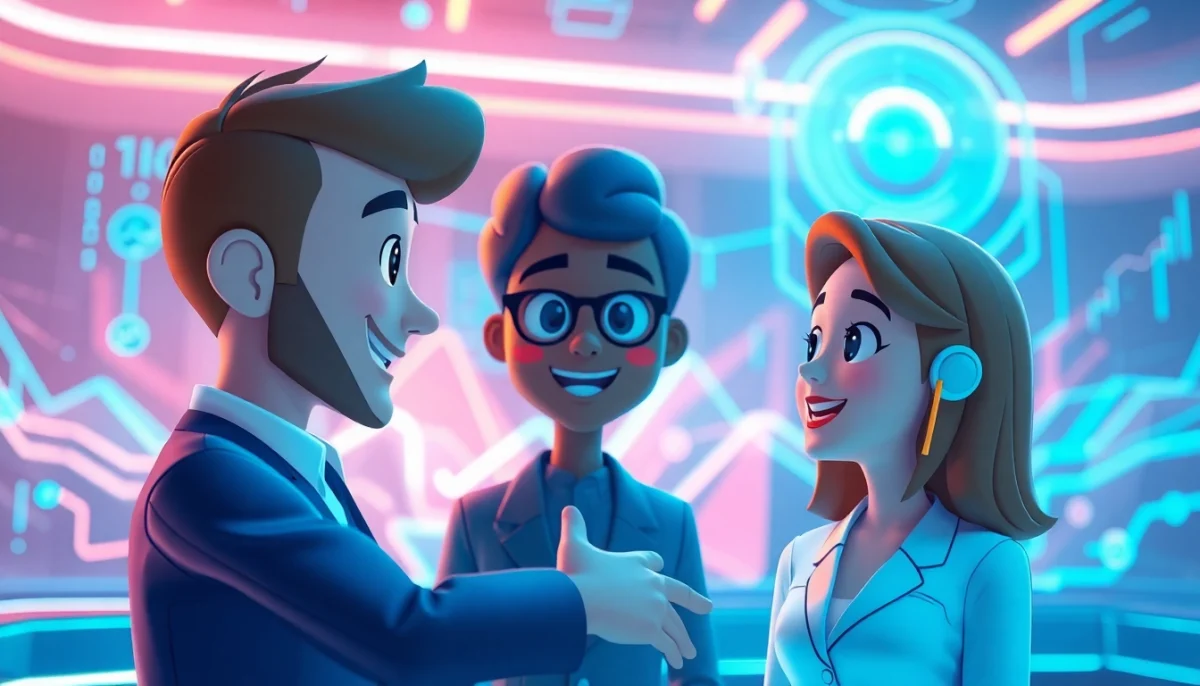 Engaging sex ai chat scene with avatars in a futuristic digital space.